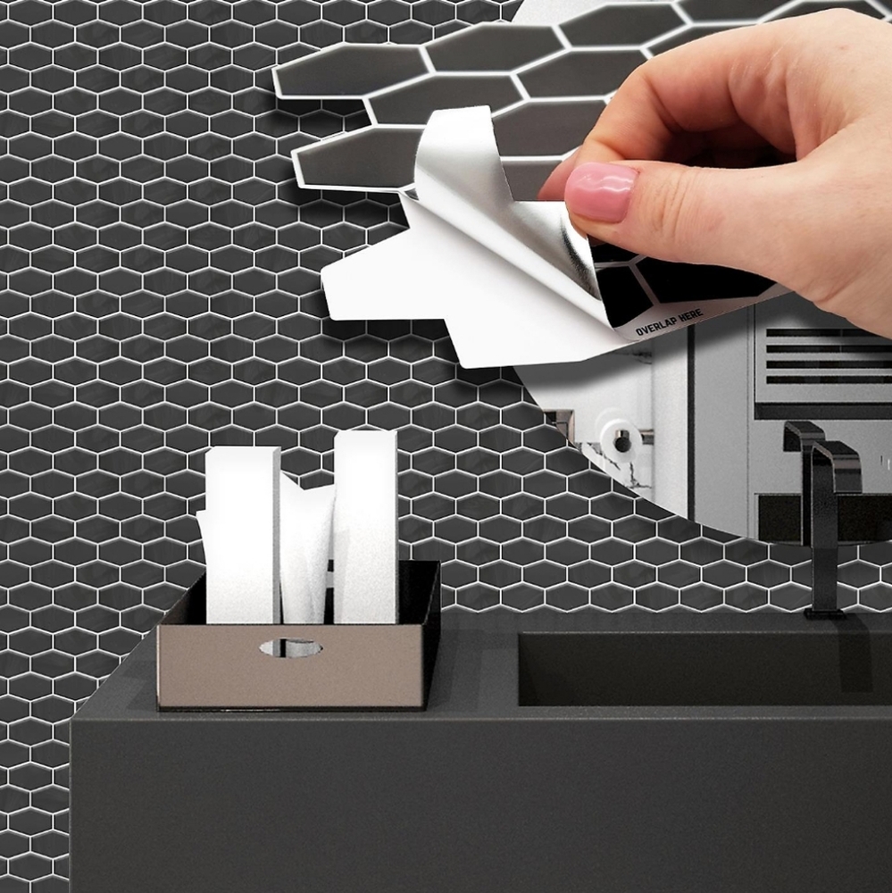 Walplus Shimmering Black Honeycomb Hexa Peel and Stick Wall 2D Tiles